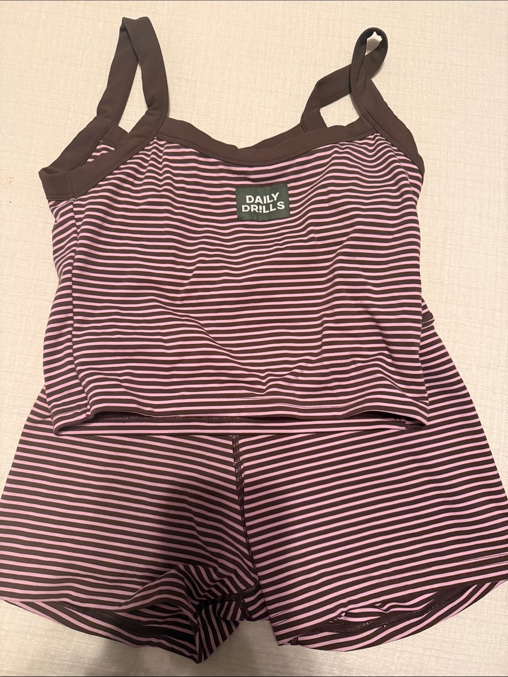 Daily Drills Women's Pink & Brown Striped Tank and Shorts Set- Medium, Like New
